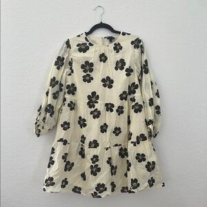 Cream Floral Print Tiered Dress with Black Flowers